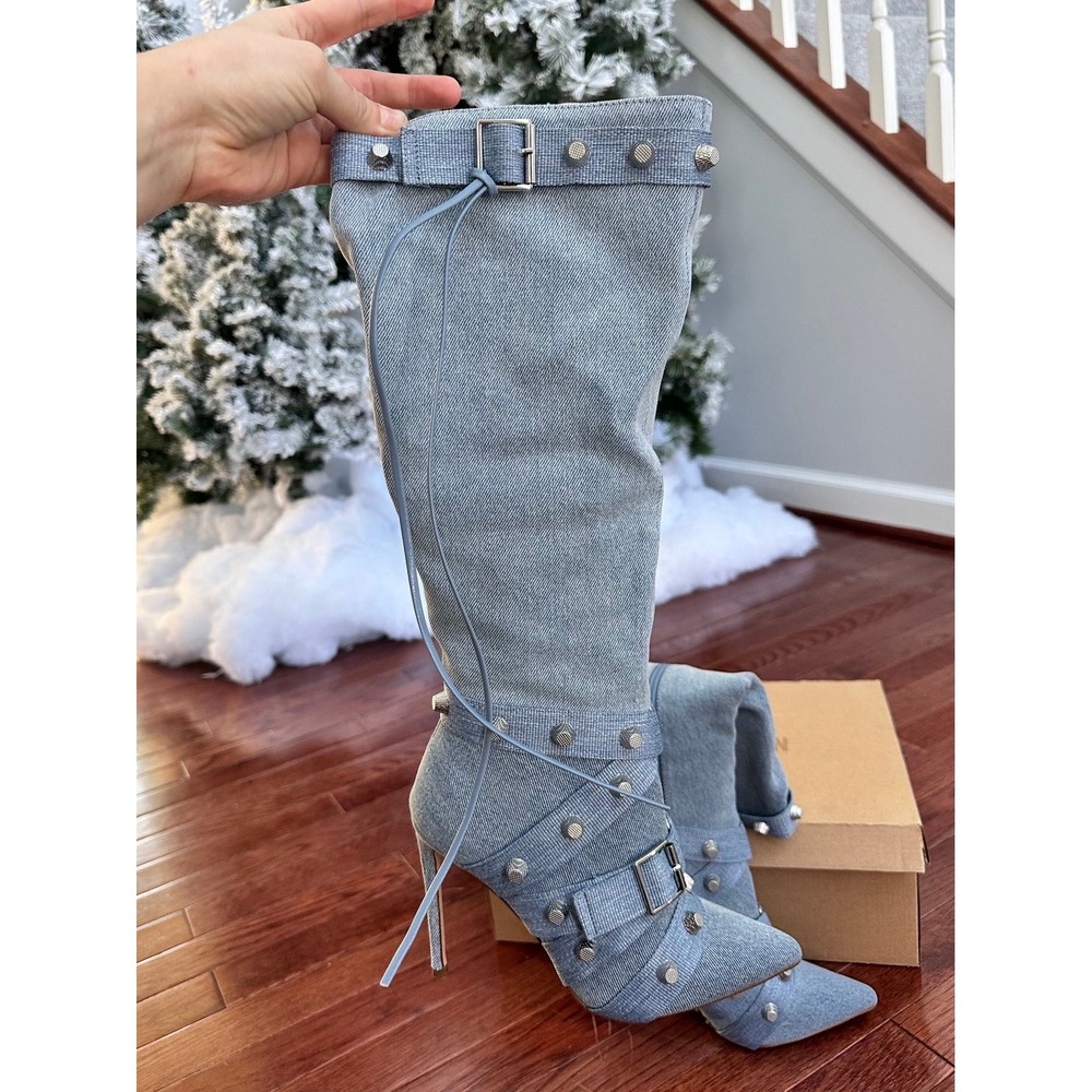 NEW Steve Madden Fink Light Denim Studded Y2K Below the Knee Heeled Boots 6.5 - Picture 5 of 11